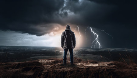 One person standing in awe, looking at majestic mountain peak generated by artificial intelligenceの素材