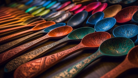 A colorful collection of kitchen utensils in a row generated by artificial intelligenceの素材