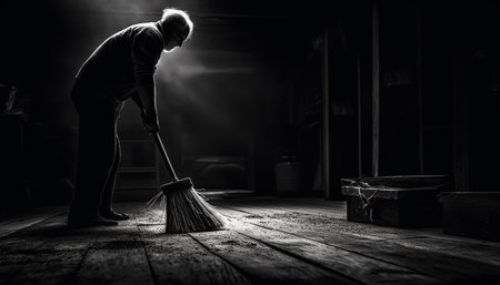 One man sweeping with broom, cleaning dark flooring indoors generated by artificial intelligenceの素材