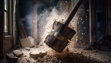 Abandoned workshop, rusty equipment, burning wood, spooky natural phenomenon generated by artificial intelligenceの素材