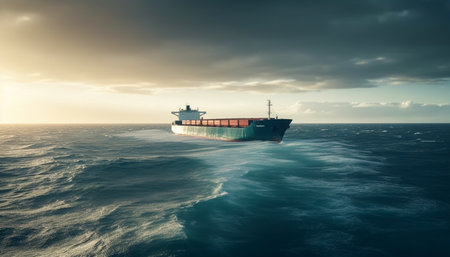 A large container ship carrying freight transportation sails at sunset generated by artificial intelligenceの素材