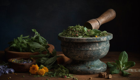 Fresh organic herbs in rustic mortar, alchemy for healthy seasoning generated by artificial intelligenceの素材