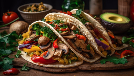 Spicy steak and pork tacos with jalapeno and avocado guacamole generated by artificial intelligenceの素材