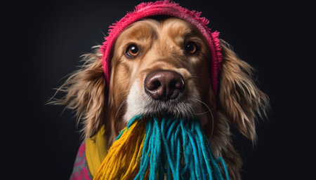 Purebred retriever wearing cap and bandana, loyalty and friendship shown generated by artificial intelligenceの素材