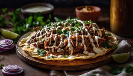 Grilled pork taco with fresh guacamole, tomato, and cilantro salsa generated by artificial intelligenceの素材