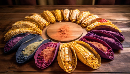 A gourmet dessert plate with multi colored sweets and chocolate decoration generated by artificial intelligenceの素材