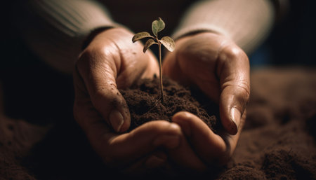 New beginnings one person holds fresh seedling, planting for environment generated by artificial intelligenceの素材