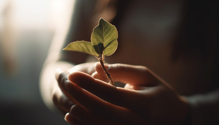 New life sprouts from fragile seedling held by human hand generated by artificial intelligenceの素材