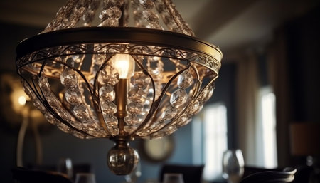 Ornate crystal chandelier illuminates modern home interior with elegance and luxury generated by artificial intelligenceの素材
