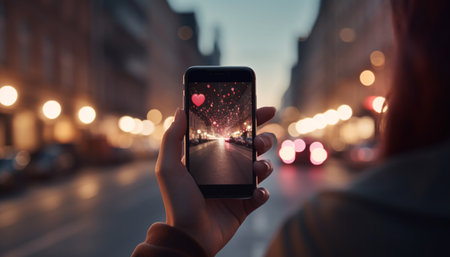 Texting love messages under city lights, winter romance ignites generated by artificial intelligenceの素材