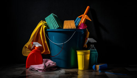 A colorful collection of cleaning tools for household chores generated by artificial intelligenceの素材
