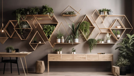 Modern domestic room design with wood shelf decoration and plant vase generated by artificial intelligenceの素材