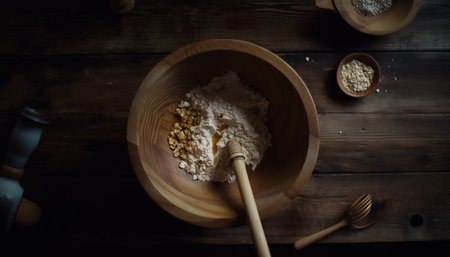Rustic wooden spoon mixes organic flour for homemade bread dough generated by artificial intelligenceの素材