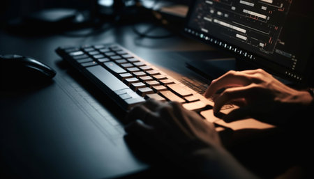 A busy businessman typing on his computer keyboard at night generated by artificial intelligenceの素材