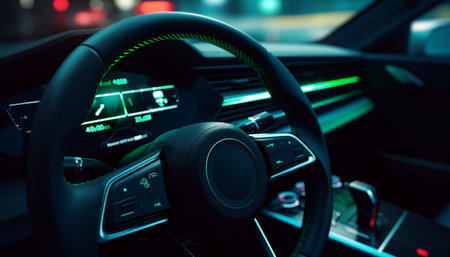 Modern car interior with illuminated control panel and GPS navigation generated by artificial intelligenceの素材