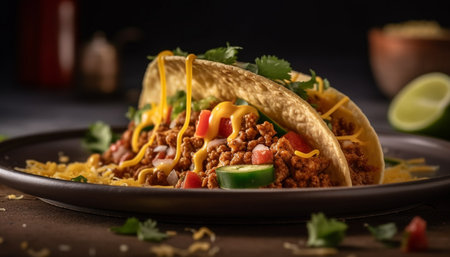 Freshly cooked beef taco with guacamole, cilantro, and tomato salsa generated by artificial intelligenceの素材