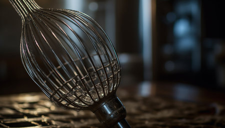 Metallic kitchen utensils egg beater, spatula, colander, and ladle generated by artificial intelligenceの素材