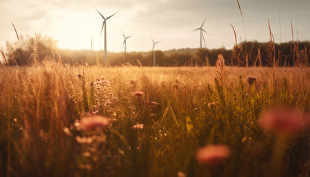 Wind turbine generates alternative energy in tranquil rural landscape at dusk generated by artificial intelligenceの素材