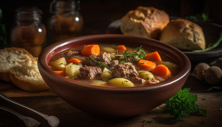 A homemade beef stew with fresh vegetables and rustic bread generated by artificial intelligenceの素材