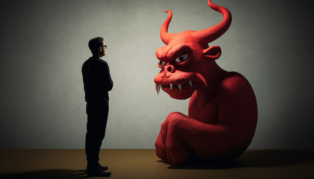 The devilish businessman stood with horned animal in fiery hell generated by artificial intelligenceの素材