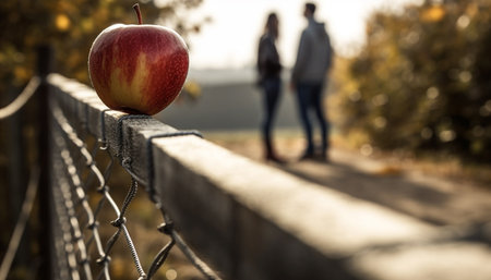 Two young adults holding apples, enjoying a healthy autumn day generated by artificial intelligenceの素材