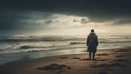 A solitary figure stands at water's edge, enjoying tranquil solitude generated by artificial intelligenceの素材
