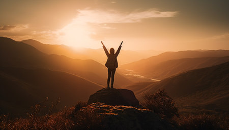 Standing on mountain peak, arms outstretched, success and freedom generated by artificial intelligenceの素材