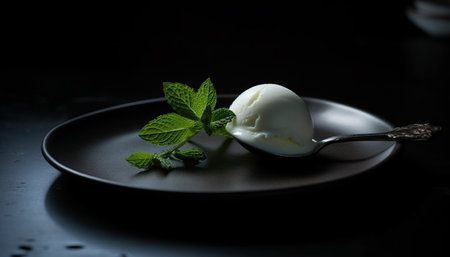 A gourmet dessert plate with fresh fruit, mint leaf, and cream generated by artificial intelligenceの素材