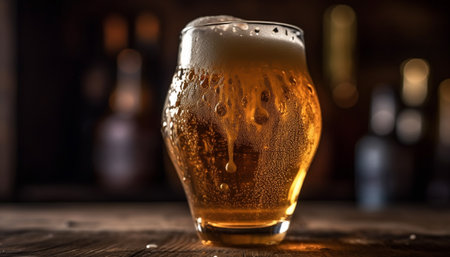 A frothy pint of stout, pouring onto a wooden table generated by artificial intelligenceの素材