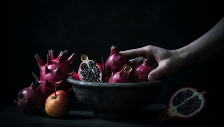 Juicy pomegranate slice on wooden bowl, a healthy dessert option generated by artificial intelligenceの素材