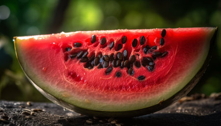 Juicy watermelon slice, a refreshing summer snack for healthy eating generated by artificial intelligenceの素材