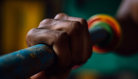 The determined athlete hand hits metal equipment in sports training generated by artificial intelligenceの素材