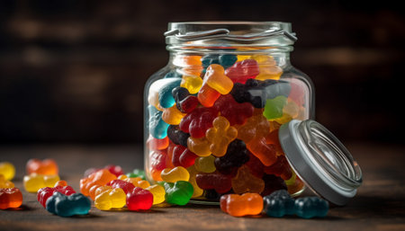 A colorful collection of homemade gummy candy in a jar generated by artificial intelligenceの素材