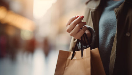 Young woman carrying shopping bag, walking through fashionable city streets generated by artificial intelligenceの素材