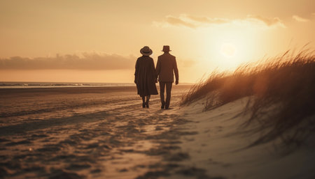 A married couple embraces in the tranquil sunset, enjoying retirement generated by artificial intelligenceの素材
