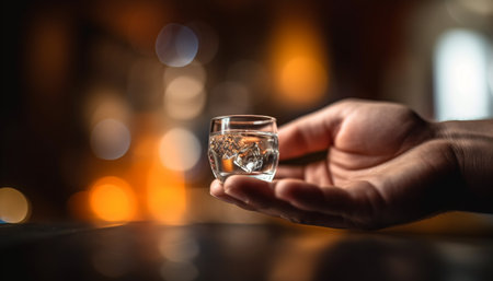 A young adult holding a whiskey glass in a nightclub generated by artificial intelligenceの素材