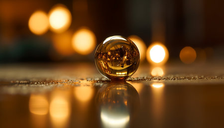 Shiny gold sphere reflects natural phenomenon in defocused background generated by artificial intelligenceの素材