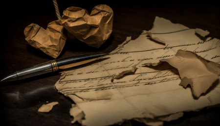 Antique letter on crumpled parchment, inked with old fashioned pen generated by artificial intelligenceの素材