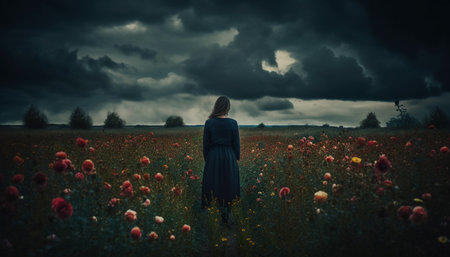 A lonely woman stands in the meadow, holding elegance generated by artificial intelligenceの素材