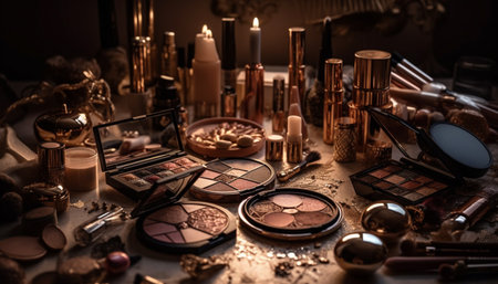 Beauty artist arranges variety of make up in shiny container generated by artificial intelligenceの素材