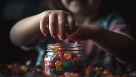 A cheerful toddler indulges in sweet Halloween candy indoors generated by artificial intelligenceの素材