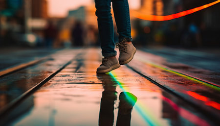 A young adult running outdoors at dusk, enjoying healthy lifestyle generated by artificial intelligenceの素材