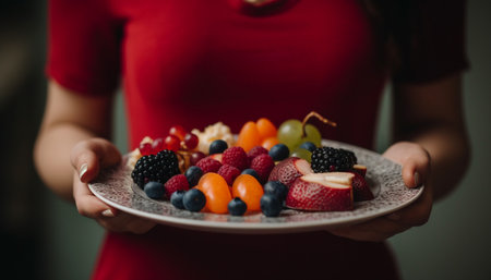 One woman holding a plate of gourmet berry dessert indulgence generated by artificial intelligenceの素材