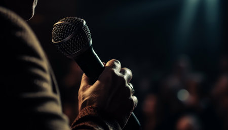 The rock musician held the microphone, spotlight on his hand generated by artificial intelligenceの素材