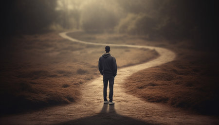 Solitude in nature businessman walking through foggy forest landscape generated by artificial intelligenceの素材