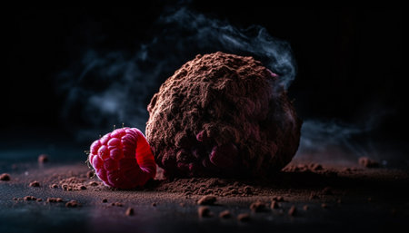 Dark chocolate truffle sphere, raspberry dust, gourmet indulgence gift generated by artificial intelligenceの素材