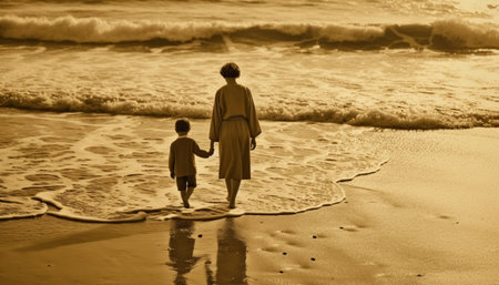 Family embraces love and togetherness on tranquil waters edge generated by artificial intelligenceの素材