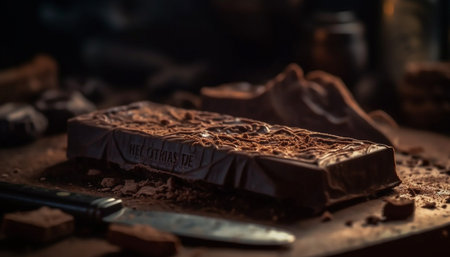 A tempting heap of homemade dark chocolate brownie indulgence generated by artificial intelligenceの素材