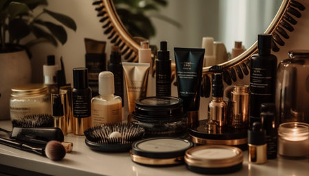 A luxurious beauty collection make up, moisturizer, perfume, and hair care generated by artificial intelligenceの素材
