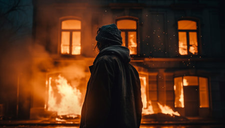 One adult standing outdoors in the dark, watching burning flames generated by artificial intelligenceの素材